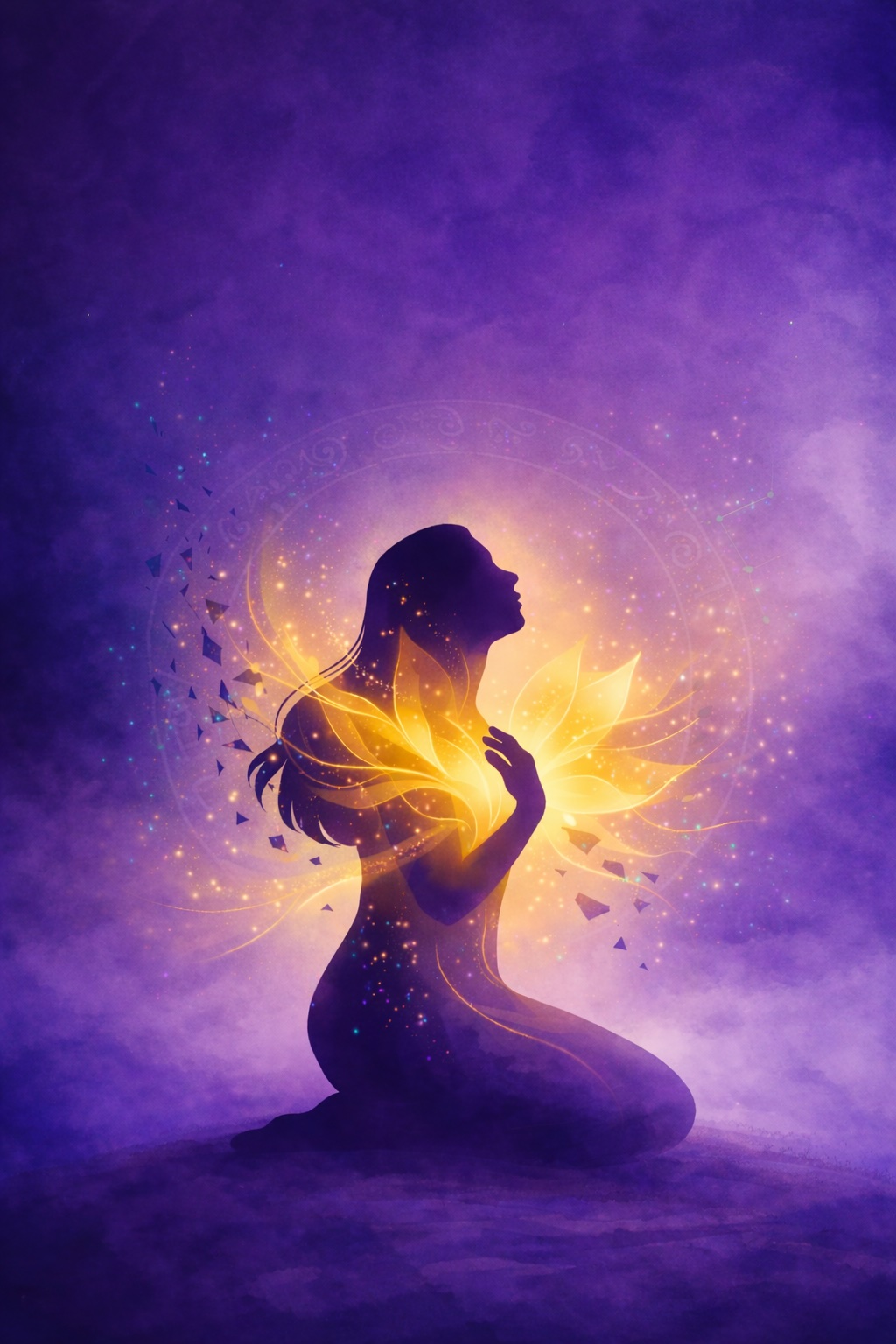 Spiritual awakening illustration of a glowing feminine silhouette with radiant golden heart light, symbolizing inner transformation and divine love