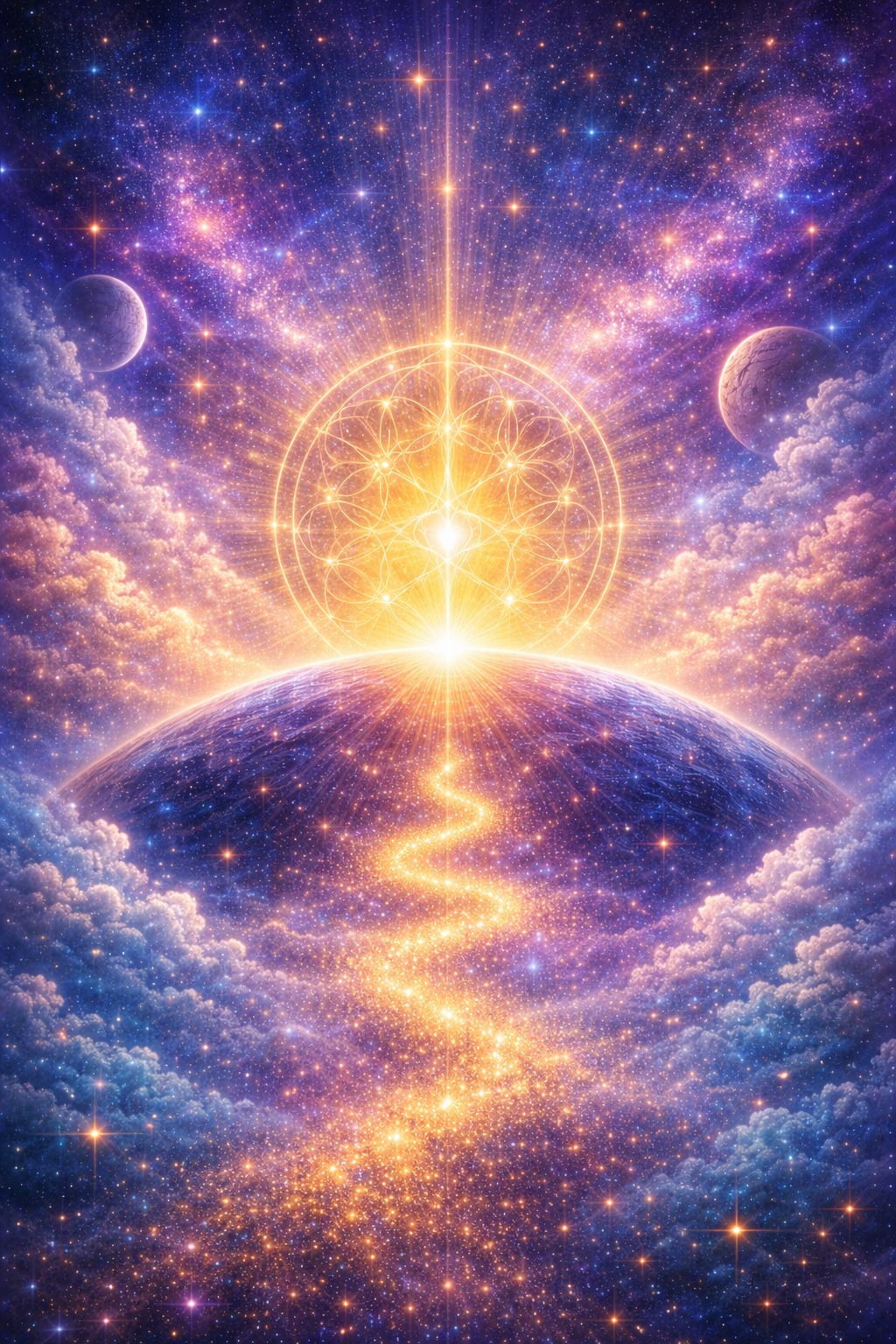 Golden light rising over a cosmic horizon with sacred geometry and a radiant heart, symbolizing the spring equinox portal, balance, and awakening the love within.