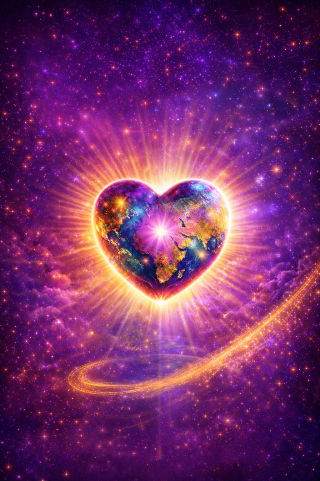 Cosmic artwork for The Healing Power of Love podcast trailer featuring radiant heart-shaped Earth glowing with spiritual light.