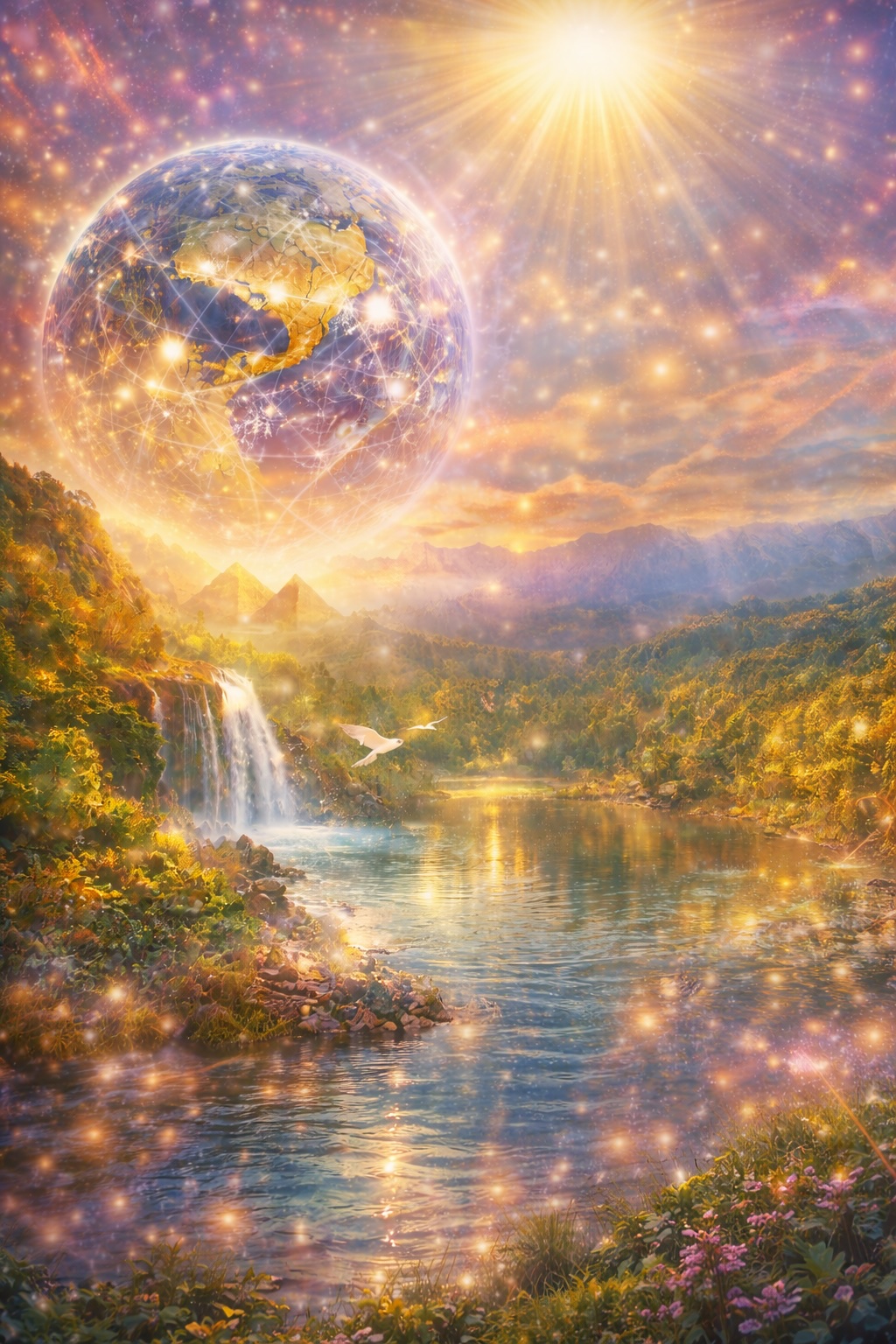 Radiant Earth glowing with golden crystalline energy above a sacred waterfall and lush landscape, symbolizing humanity’s awakening connection with Mother Earth and the living intelligence of Gaia.