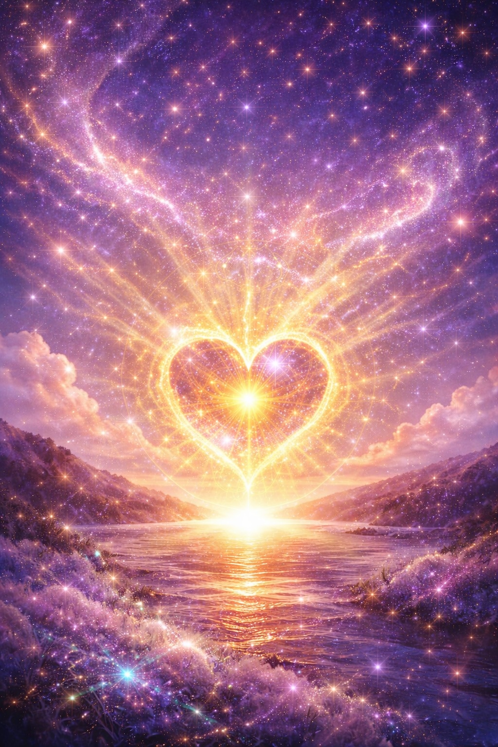 Spring Equinox awakening cosmic sunrise with radiant heart light symbolizing the Master Code of Love from The Healing Power of Love podcast.