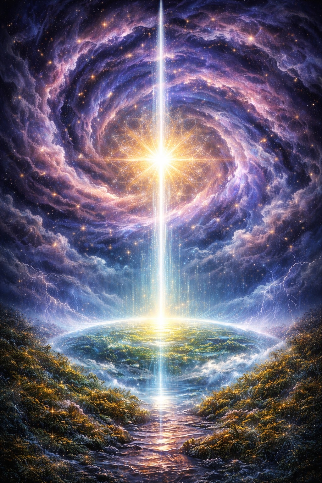 Cosmic storm opening to a radiant stillpoint of light above peaceful Earth representing inner peace meditation and spiritual awakening