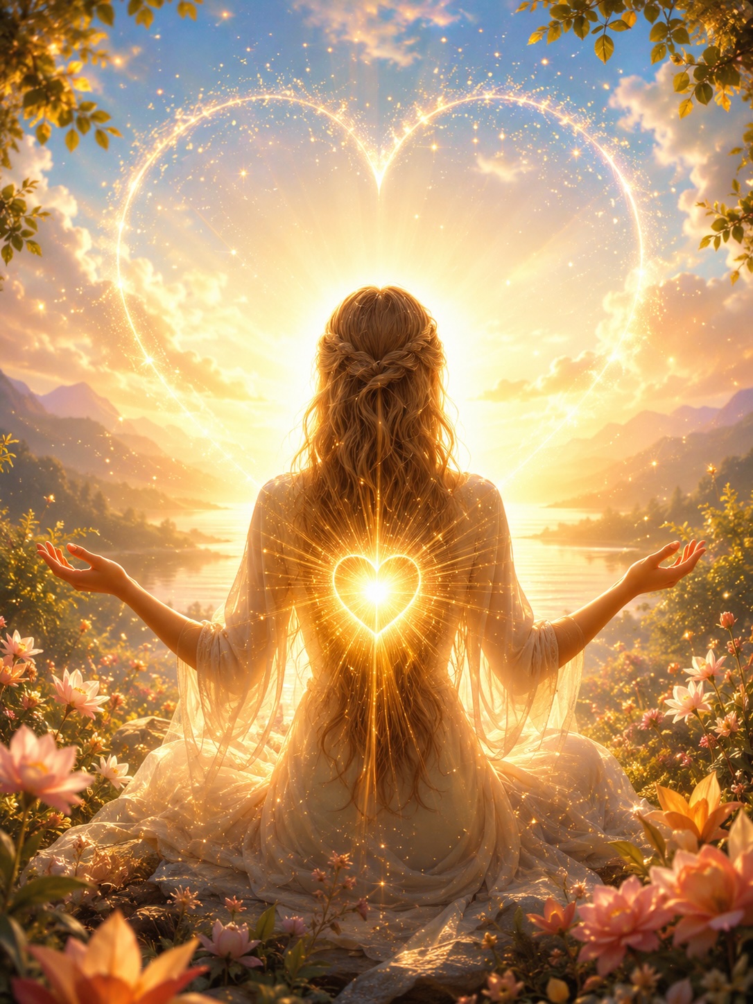 Radiant woman meditating beside peaceful waters with a glowing heart, symbolizing spiritual awakening, inner magic, divine love, miracles, and the healing power of love.
