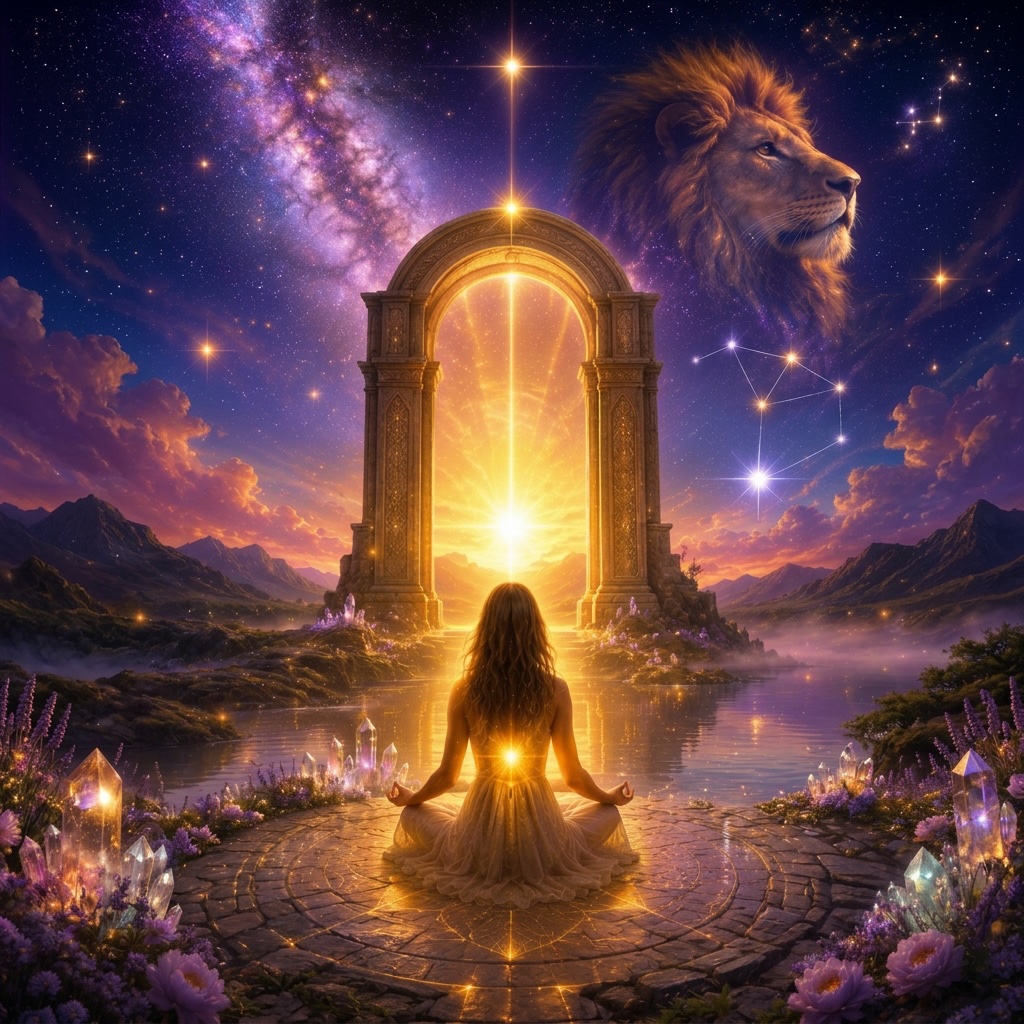 Radiant Lion's Gate Portal artwork featuring a luminous golden gateway beneath a star-filled sky, symbolizing spiritual awakening, the sacred fire within, Divine Love, and remembering your true Light.