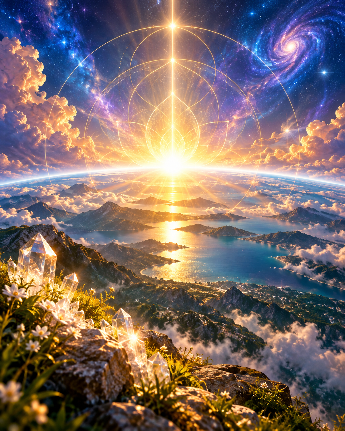 Radiant Temple of Living Light with golden Light, crystals, Earth and cosmos symbolizing the Divine Light within.