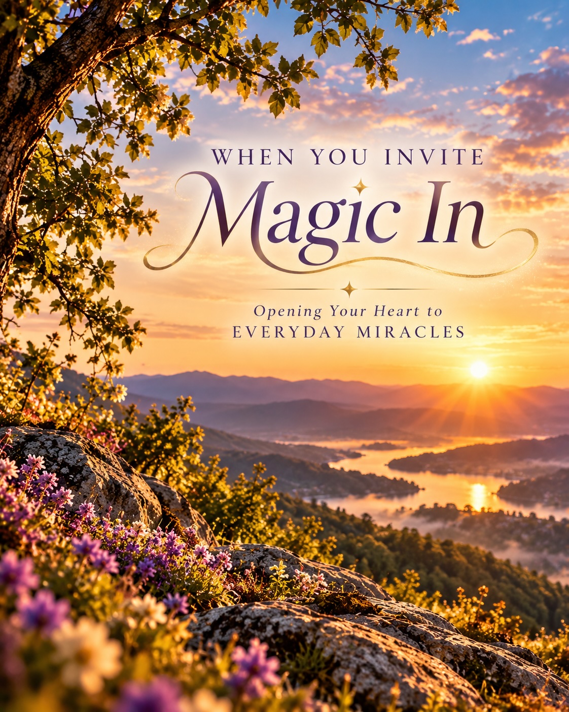 Golden sunset over a mountain valley with the words “When You Invite Magic In – Opening Your Heart to Everyday Miracles.”